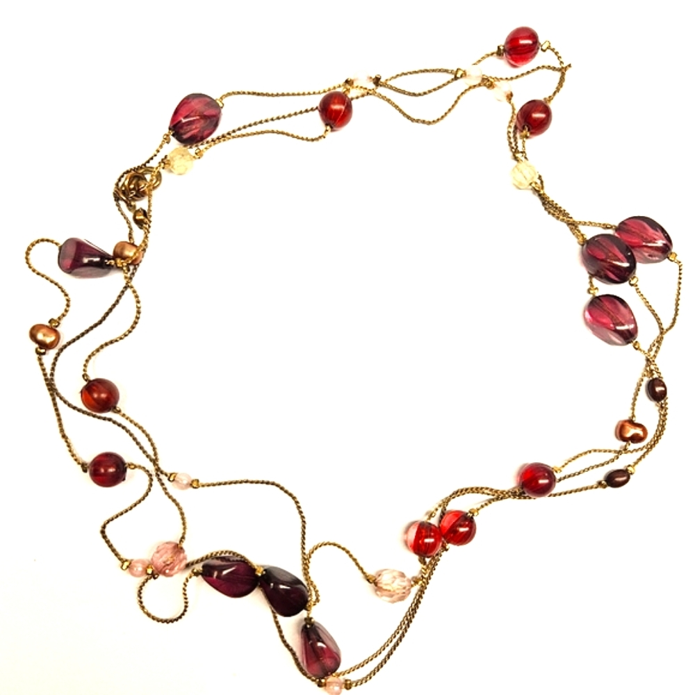 Long Pink and Purple Beaded Chain Necklace